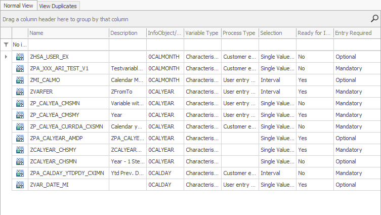Results of the Variable Analyzer in the Normal View showing some variables