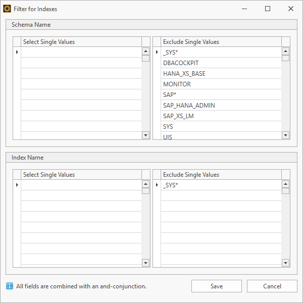Filter to select catalog entities for synchronization divided into schema name and index name